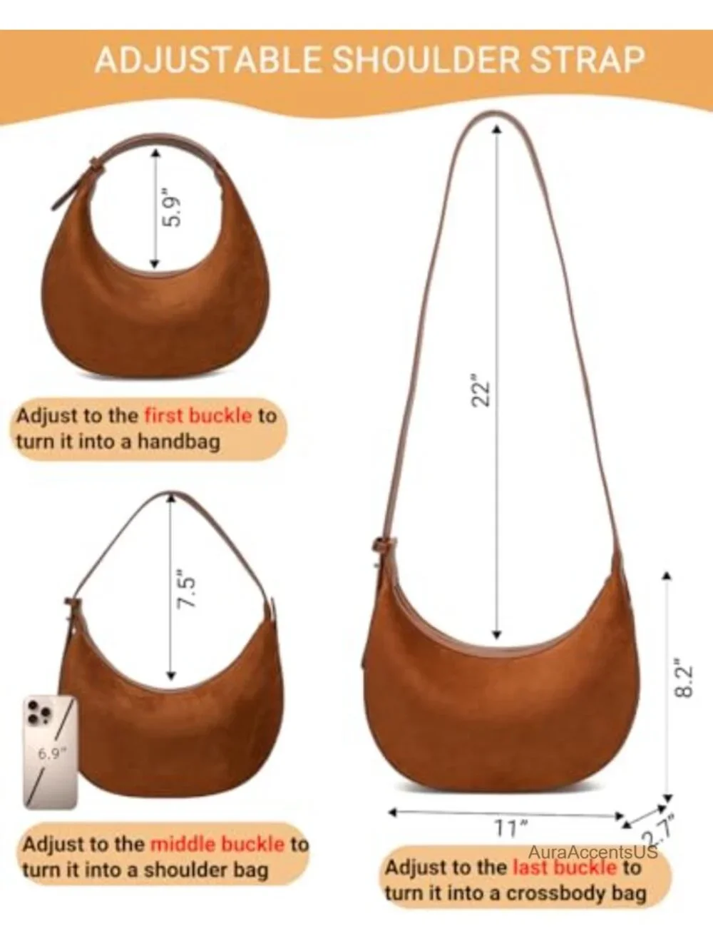 Faux Suede Crescent Hobo Shoulder Crossbody Bag for Women